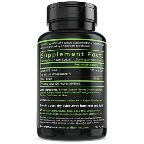 SmarterVitamins - Vitamina K2 MK7 100mcg Smarter com K2VITAL e Kale para Saúde Óssea – Marca Smarter