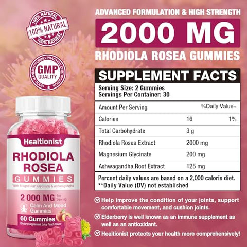 Healtionist - Gummies de Rhodiola Rosea sem açúcar – 2 Pacotes – Adaptogênico – Marca Rhodiola Rosea