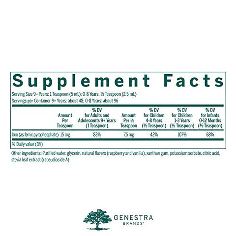 Suplemento Líquido de Ferro | Mineral Coloidal | Sabor Natural de Framboesa | 240 ml - Genestra Brands