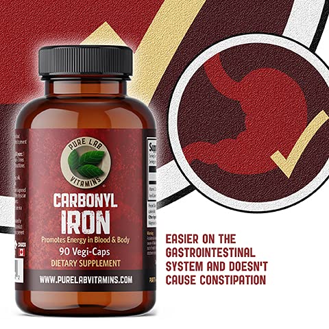 Suplemento de Ferro Carbonyl, 90 Cápsulas Vegetais | Fórmula Única de Ferro Metálico com Ácido Ascórbico, Alta Bioacessibilidade | Não Causa Constipação | Suporte para a Saúde Sanguínea - Pure Lab Vitamins