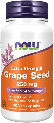 Suplementos, Semente de Uva (Extrato Altamente Concentrado com no mínimo 90% de Polifenóis) Extra Forte 250 mg, 90 Cápsulas Vegetais - NOW Foods