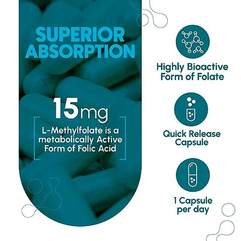 Zenavea - L-Methylfolate 15mg – Suplemento de L Methyl Folate, 5-MTHF para Deficiência de Ácido Fólico – Máxima Absorção e Potência – 15 mg de l-methylfolate – Folate 15 mg – 120 Veganas