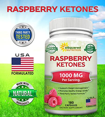 Cápsulas de Cetona de Framboesa Natural 1000mg-180 – Suplemento para Perda de Peso, Potência Máxima e Supressor de Apetite – Pó Premium para Saúde Magra – Marca aSquared Nutrition - aSquared Nutrition