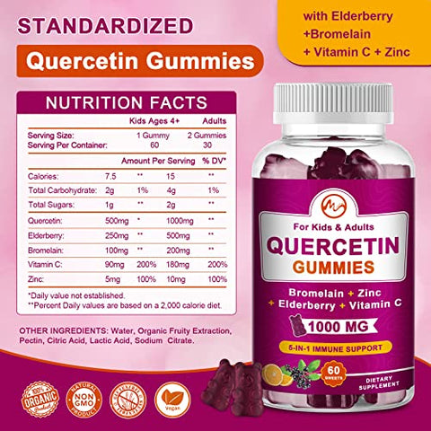 M inch - (2 Pacotes) Gomas de Quercetina com Bromelina, Sabugueiro, Zinco e Vitamina C – Quercetina Mastigável 1000 mg para Imunidade, Cardiovascular, Alergia, Suporte ao Envelhecimento – Vegano