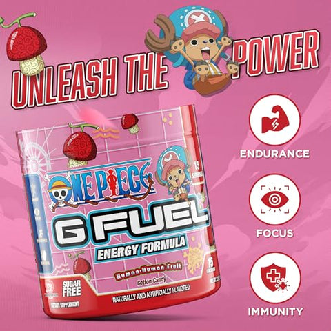 ONE PIECE Fruta Humana-Humana em Pó Energético, Sem Açúcar, Suplemento de Foco com Cafeína Limpa, Mistura para Água, Aminoácidos de Foco, Mistura de Vitaminas Antioxidantes, Algodão Doce, 3.7 oz (15g) - G Fuel