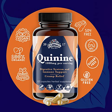 FLORIDA HERBS - Pílulas Orgânicas para Defesa de Cãibras nas Pernas – 1000 mg – Comprimidos de Quinina para Suporte a Pernas Inquietas – Suplemento de Casca de Cinchona – Cápsulas de Quinina para Cãibras Musculares – Cápsulas Veganas