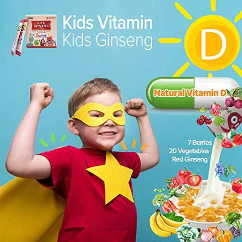 BTGIN - Vita Ginseng Kids – Vitamina D, 7 Frutas Vermelhas, Banana, 20 Vegetais, Leite em Pó para Suporte Imunológico, Estimula Foco e Memória, 30 Pacotes (1 Conjunto)