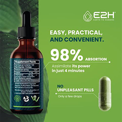E2H EARTH TO HUMANS - E2H Gotas Líquidas de Clorofila – Energético Natural Saboroso, Suporte ao Sistema Imunológico e Desodorante Interno – Vegano – Sem Glúten – Não-OGM – 60 ml