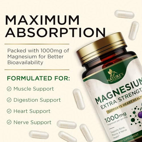 Nature's Nutrition - Magnésio Extra Forte 1000mg – Quelado para Absorção Ultra, Suplemento de Magnésio para Saúde Óssea e Muscular