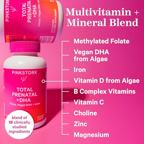 Total Vitaminas Pré-Natais com DHA, Ácido Fólico e Ferro – Suprimento de 3 Meses para Apoiar o Desenvolvimento Fetal – Essenciais na Gravidez – 180 Cápsulas - Pink Stork