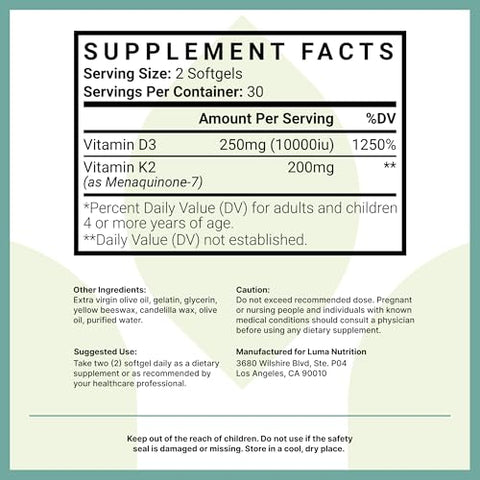 D3 K2 Vitamina 10000 UI – Suplemento para Saúde Óssea e Cardíaca – Suporte Imunológico Máximo e Absorção de Cálcio – 60 Softgels - Luma Nutrition