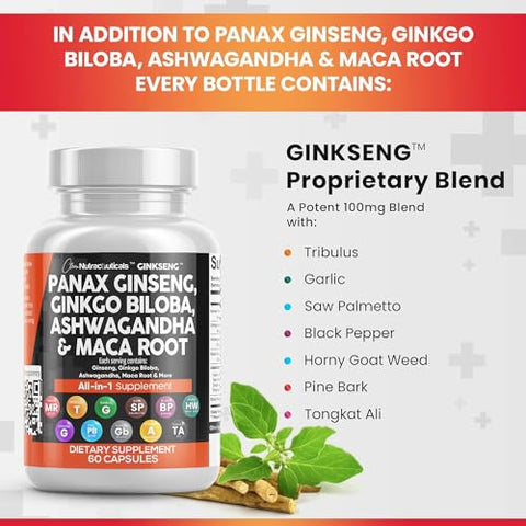Panax Ginseng 10000mg, Ginkgo Biloba 4000mg, Ashwagandha Maca Root 3000mg – Suplemento para Foco com Extrato de Casca de Pinheiro, Alho e Semente de Saw Palmetto – Mulheres e Homens – 60 Cápsulas - Clean Nutraceuticals