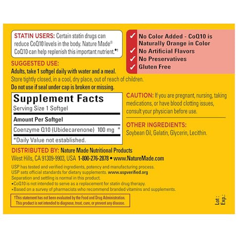 CoQ10 100mg – Suporte para a saúde do coração, 120 cápsulas softgel, suprimento de 120 dias - Nature Made