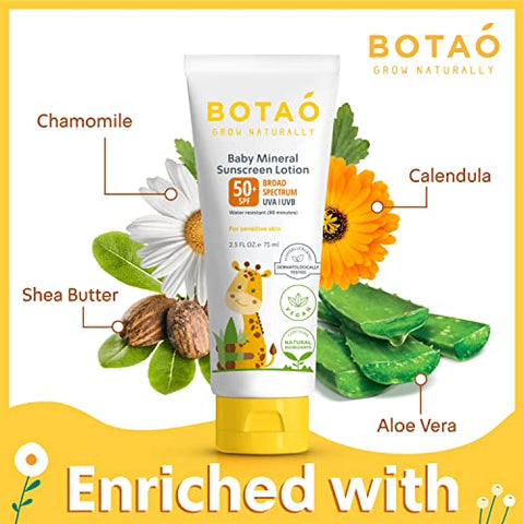 BOTAO - Protetor solar para bebês 100%% mineral Óxido de Zinco – Loção segura e natural de proteção solar para bebês: FPS50 Amplo Espectro UVA UVB, Para pele sensível do rosto e corpo do bebê, Creme protetor solar