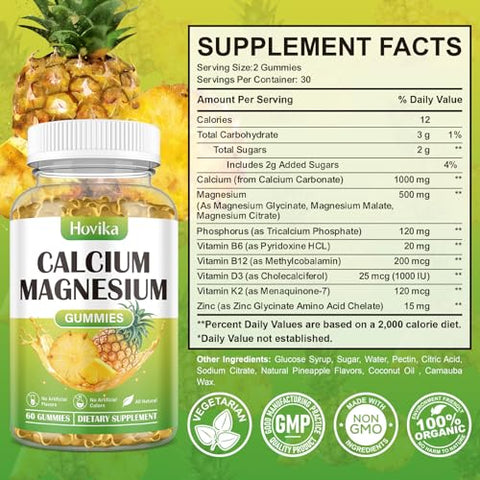 Hovika - Gomas de Cálcio Magnésio Zinco, Relação Cálcio Magnésio 2:1 com Vitamina D3, K2, B6, B12 para Fortalecimento Ósseo, Função Muscular