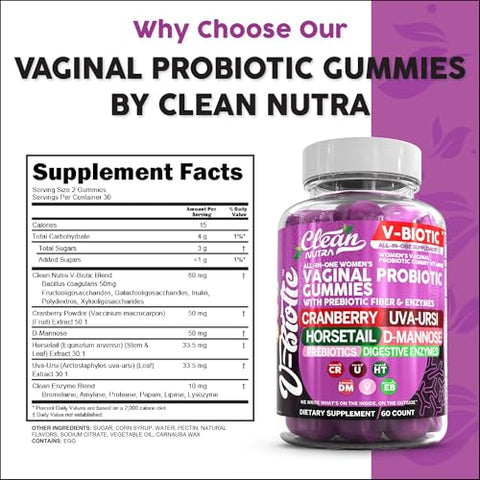 Clean Nutraceuticals - Gomas Vaginais Probióticas para Mulheres com Cranberry, Uva Ursi, Cavalinha, D-Manose, Prebióticos