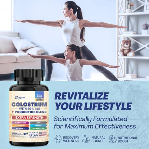 Cápsulas de Colostro Bovino, 40%% IgG, Probióticos, Sabugueiro, L-Glutamina, Astrágalo, Vitamina C, Gengibre, Zinco (180 cápsulas) - Zoyava