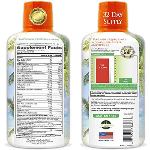 Tropical Oasis - Mega Premium Liquid Multivitamin | Suporte Natural à Imunidade com 1333%% de Vitamina C, 200%% de D3, Zinco 20 Vitaminas, 70 Minerais