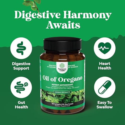 Natures Craft - Óleo de Orégano Selvagem Vegano em Cápsulas – Óleo de Orégano Super Concentrado em Cápsulas com Equivalente Herbal de 3000mg e Mínimo de 70% de Carvacrol para Desintoxicação Intestinal, Cardíaca e Suporte Imunológico – Vegano