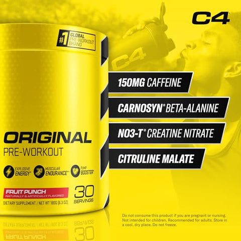 C4 Original Pré-Treino em Pó Sabor Frutas Vermelhas | Vitamina C para Suporte Imunológico | Energia Pré-Treino sem Açúcar para Homens | 30 doses - Cellucor