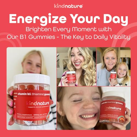 kindnature - Kind Nature Gummies de Vitamina B1 – Mastigáveis de Tiamina 500mg por Porção – Não Transgênico, Vegano, Sabor Natural de Morango – Suplemento de Tiamina B1 para Adultos