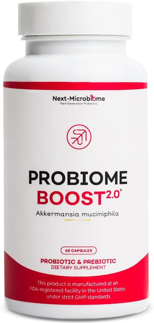 NEXT-MICROBIOME - Probiome-Boost 2.0 com Akkermansia muciniphila; 60 Cápsulas Combo com Probióticos e Prebióticos | Aumente a Saúde Intestinal