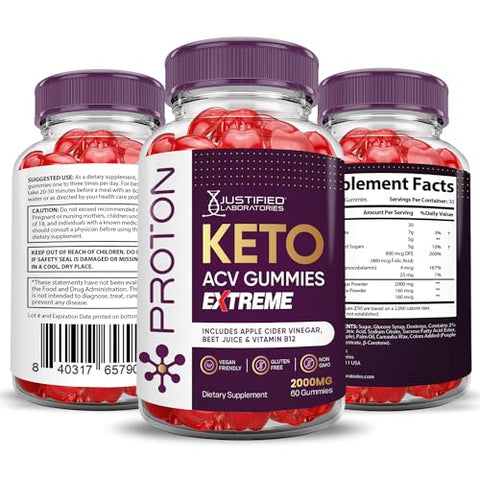 Justified Laboratories - (2 Pacotes) Gomas de Proteína Proton Keto ACV Extreme 2000MG – Gomas de Proton Keto de Vinagre de Maçã Formuladas com Suco de Romã e Beterraba em Pó B12 Vegan Non GMO 120 Gomas