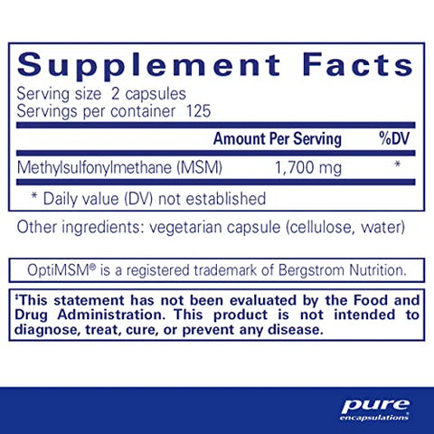 MSM Cápsulas | Suplemento de Enxofre para Apoiar Articulações, Sistema Imunológico, Tecido Conjuntivo e Saúde Respiratória* | 250 Cápsulas - Pure Encapsulations