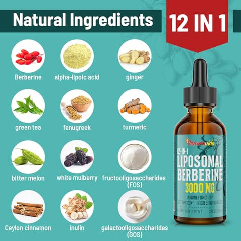 Vivaravida - Berberine HCl Drops 3000 mg – Líquido Liposomal de Berberina HCl – Ativador AMPK com Cúrcuma, Canela do Ceilão, 12 Ingredientes Naturais – 60 ml
