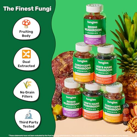Fungies - Pacote de Gomas de Cogumelo | 180 Porções | Gomas de Cogumelo do Leão para Adultos, Cordyceps | 180 gomas