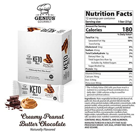 Barra de Proteína Keto Sem Glúten, Chocolate Premium com MCTs, Baixo Carboidrato, Baixo Açúcar (Chocolate Dream, Manteiga de Amendoim) - Genius Gourmet