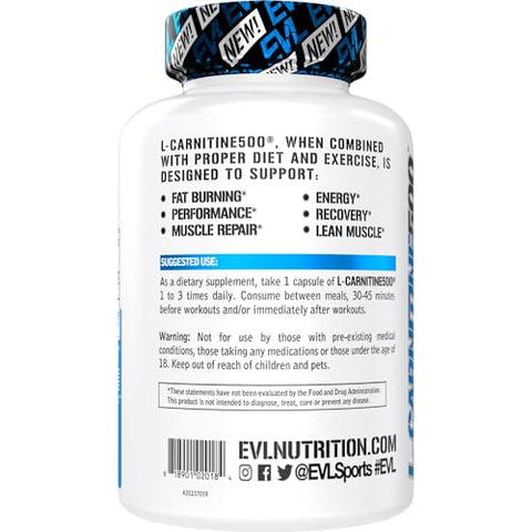 Evlution - Suplemento EVL L-Carnitina para Suporte à Perda de Peso – L carnitina 500mg Cápsulas para Dieta, Crescimento Muscular Magro e Suporte à Queima de Gordura com L Carnitina Livre de Estimulantes L