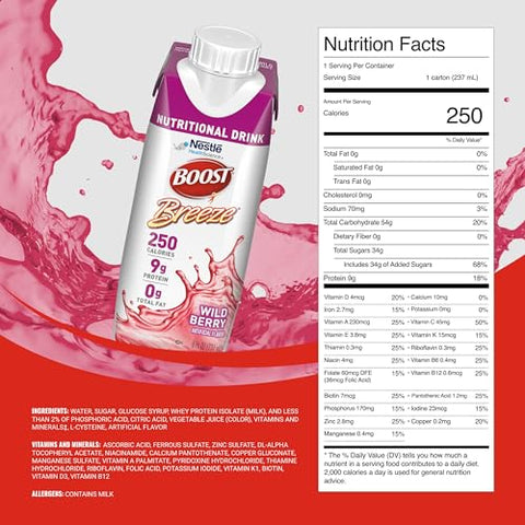 Breeze Bebida Nutricional Clara, 9g Proteína, 250 Calorias Nutritivas, Frutas Silvestres, 240ml (Pacote com 24) - BOOST