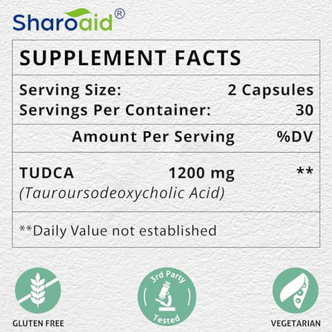 Sharoaid - TUDCA – Suplemento de Suporte Hepático 1200 mg – Fórmula de Alta Potência Testada por Terceiros – Sais Biliares para Desintoxicação e Limpeza do Fígado – Cápsulas Veganas para Saúde do Fígado, Rim e Vesícula Biliar – 1