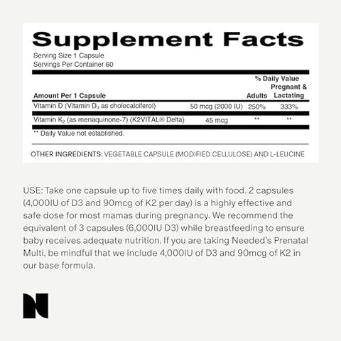 Needed. - Vitamina D3/K2 Pré-Natal Expertamente Formulada | Fertilidade, Gravidez, Amamentação e Pós-Parto, Imunidade e Desenvolvimento Ósseo Saudáveis, Suporte à Vitamina do Leite Materno