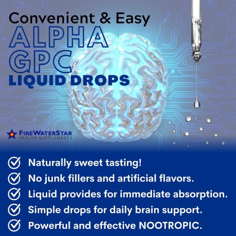 FIREWATERSTAR HEALTH SUPPLEMENTS - FWS Alpha GPC Choline – Gotas Líquidas para Memória e Concentração – Suplemento Cerebral de Ação Rápida – 99% Puro L Alpha-GPC – 300mg – 30 Dias de Fornecimento