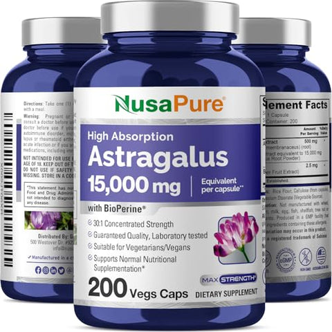 Astragalus 15,000mg por Cápsula 200 Cápsulas Vegetais (Vegetariano, Não-OGM, Vegano) – Comprar Agora! - NusaPure