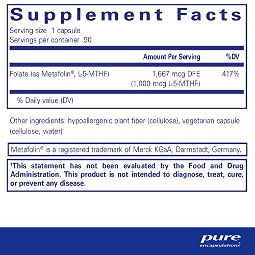 Suplemento de Saúde Cardíaca Pure Encapsulations Folate 1000 – Metafolin L-5-MTHF – Suplemento de Folate – Não-OGM