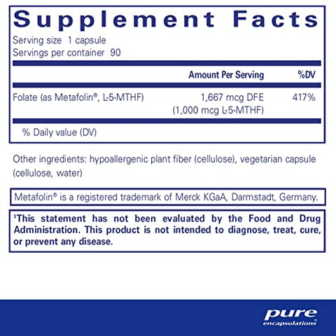 Suplemento de Saúde Cardíaca Pure Encapsulations Folate 1000 – Metafolin L-5-MTHF – Suplemento de Folate – Não-OGM