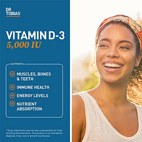Vitamina D3 5000 UI, Essencial para Ossos, Dentes e Sistema Imunológico, Suplemento de Vitamina D de Alta Potência, Não-OGM, 90 Cápsulas, 90 Porções - Dr. Tobias