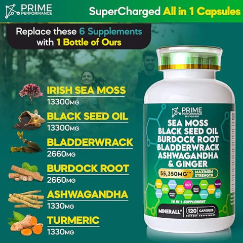 Prime Performance Nutrition - Sea Moss 13300mg Óleo de Semente Preta 13300mg Bladderwrack 2660mg Bardana 2660mg Ashwaghanda 1330mg Cúrcuma 1330mg com Gengibre Sabugueiro Vitamina C ACV Suplemento de Clorofila