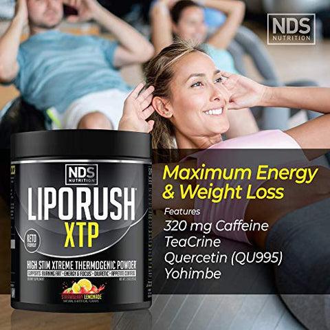 LIPORUSH - NDS Nutrition XTP Queimador de Gordura Termogênico com L-Carnitina – Energia, Foco e Controle de Apetite – Pó Termogênico Extremo para Perda de Peso – Morango Limonada (45g)