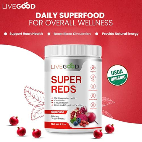 Super Reds Orgânicos com Alfafa, Grama de Cevada, Beterraba, Romã, Semente de Uva, Vegano, Sem Glúten, 200g - LIVEGOOD