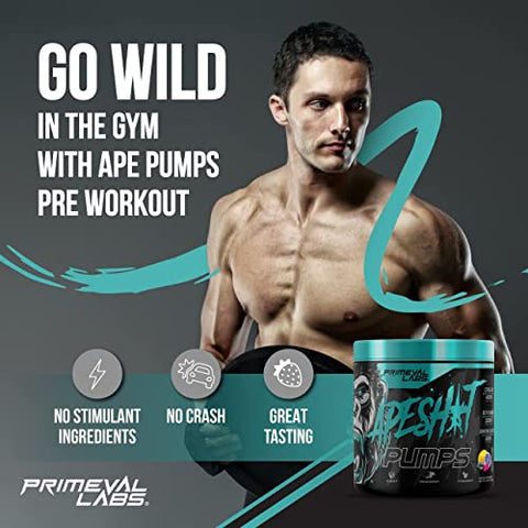 Ape Pumps Pré-Treino em Pó para Homens e Mulheres 40 Porções, Smashberry | Sem Cafeína | Energético Pré-Treino de Óxido Nítrico, Bomba Intensa, Força, Beta - Primeval Labs