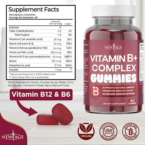 Gomas de Vitaminas do Complexo B NEW AGE com Vitamina B3, B5, B6, B7, B9 – Suplemento para Energia e Saúde