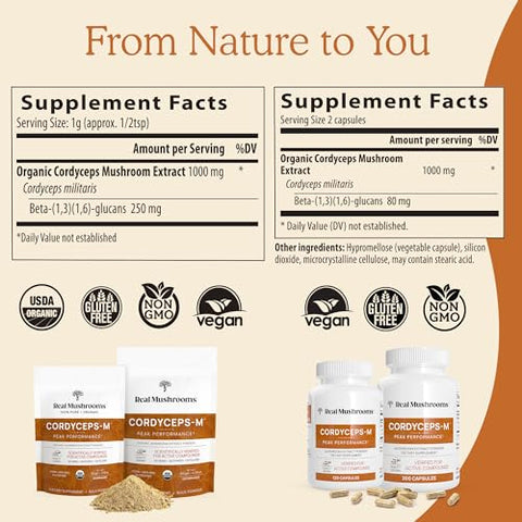 Pó de Cordyceps Real Mushrooms – Extrato de Cogumelo para Desempenho com Cordyceps Militaris Orgânico para Energia – 100g