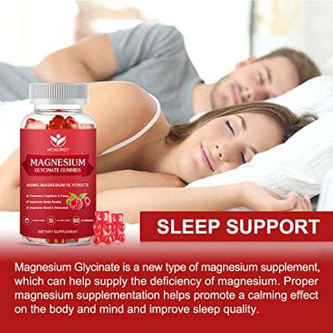 WOGORGT - Gummies de Magnésio Glicinato – 400mg Gummies de Magnésio Glicinato com Vitamina D, B6 e CoQ10, Suplemento de Magnésio para Relaxamento e Cognição, Sem Açúcar – 60 Gummies de Framboesa