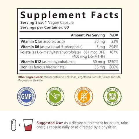 NatureMyst - Suplemento Gentle Iron para Mulheres e Homens com Vitamina C, Folate, B6