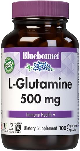 Nutrition L-Glutamina 500mg, Suporte à Função Imunológica, Transportador de Nitrogênio, Sem Soja, Sem Glúten, Não-OGM, Certificado Kosher, Vegano, 100 Cápsulas Vegetais, 100 g - Bluebonnet