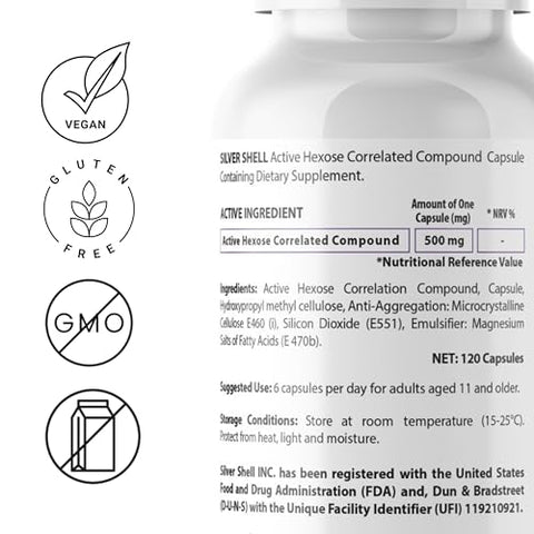 silvershell - Silvershell Active Hexose Correlated Compound – Impulsionador do Sistema Imunológico para Eliminação do HPV, Extrato de Cogumelo Shiitake, Suporte à Atividade das Células Natural Killer, 120 Cápsulas Vegetais
